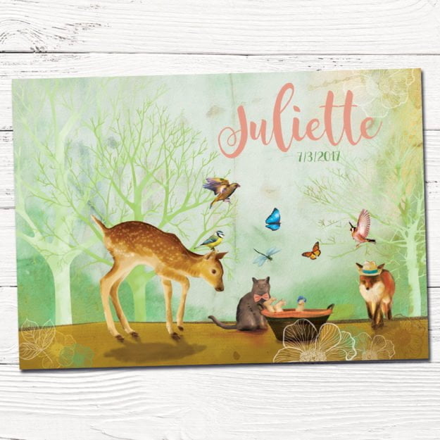 Geboortekaartje ontwerp op maat met kat, vos, vogels, baby, bambi, hertje in het bos