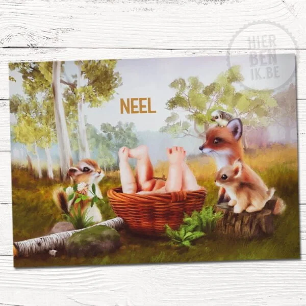 Lief geboortekaartje met tekening baby en dieren