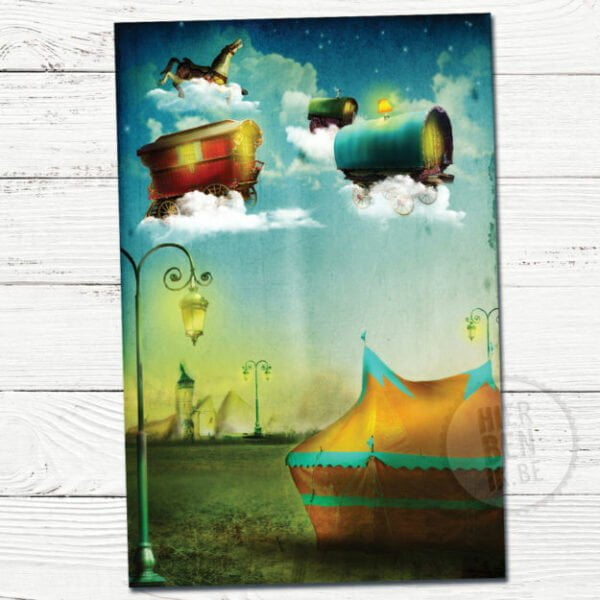 Wenskaart Illustratie Vliegend Circus | dromerig | sfeervol | wolken | vakantie