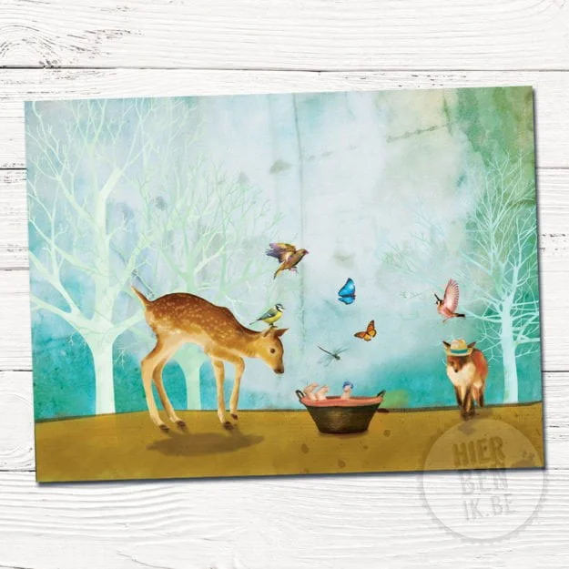 Wenskaart illustratie Bos met Dieren | baby | vos | hert | vlinders | vogels