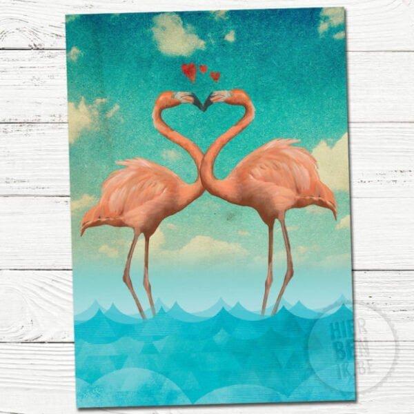wenskaart illustratie flamingo verliefd | love | zee | tekening