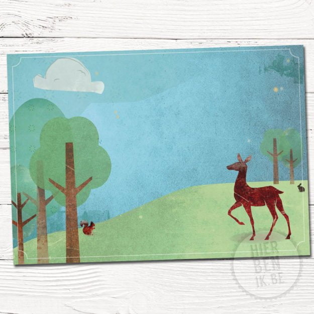 wenskaart illustratie hert in bos | getekende wenskaart | geboortekaartje | babykaartje