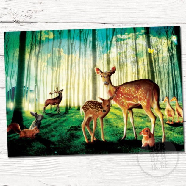 wenskaart illustratie dieren in een bos met tegen sfeer licht