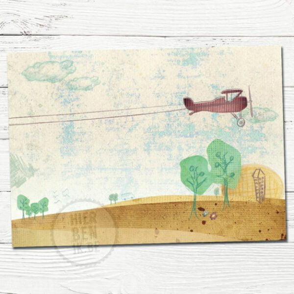 Getekend geboortekaartje met vliegtuig en spandoek in natuur