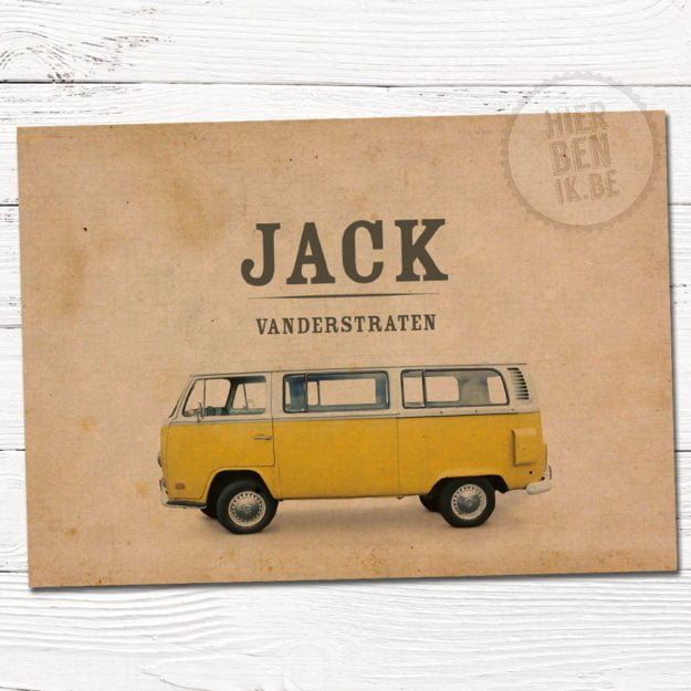 geboorte kaartje met volkswagen busje en postkaart achterkant