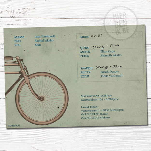 geboortekaartje voor tweeling met fiets - tandem retro stijl met kraft papier