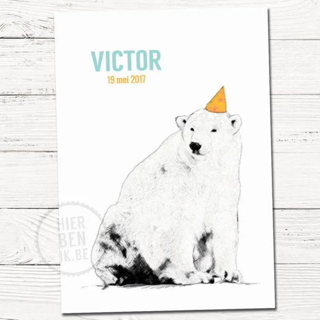 feestelijk geboortekaartje met getekende beer in strak design