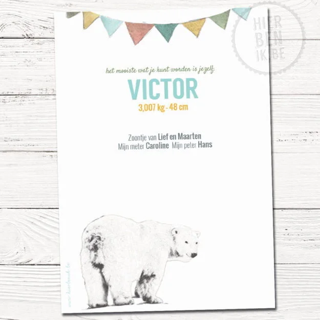 feestelijk geboortekaartje met getekende beer in strak design