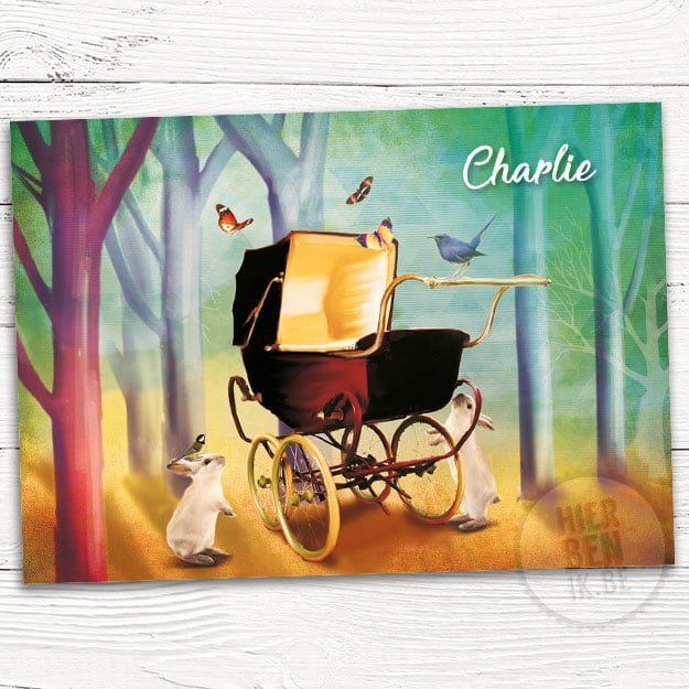 geboortekaartje Charlie is een artistiek kaartje met dieren in bos