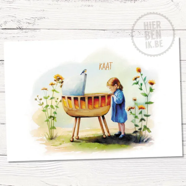 Geboortekaartje met zusje aan babywieg: een liefdevolle illustratie